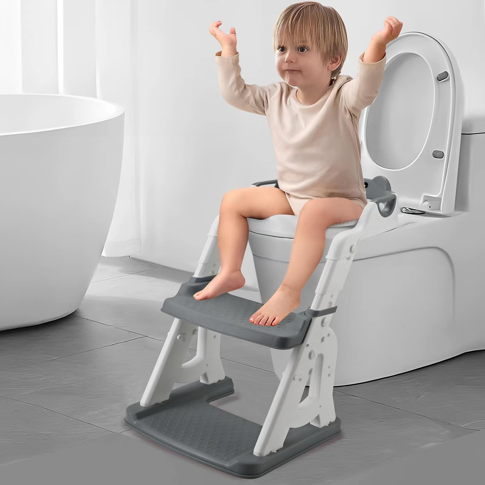 PandaEar potty seat with step stool ladder supports safe access for toddlers.