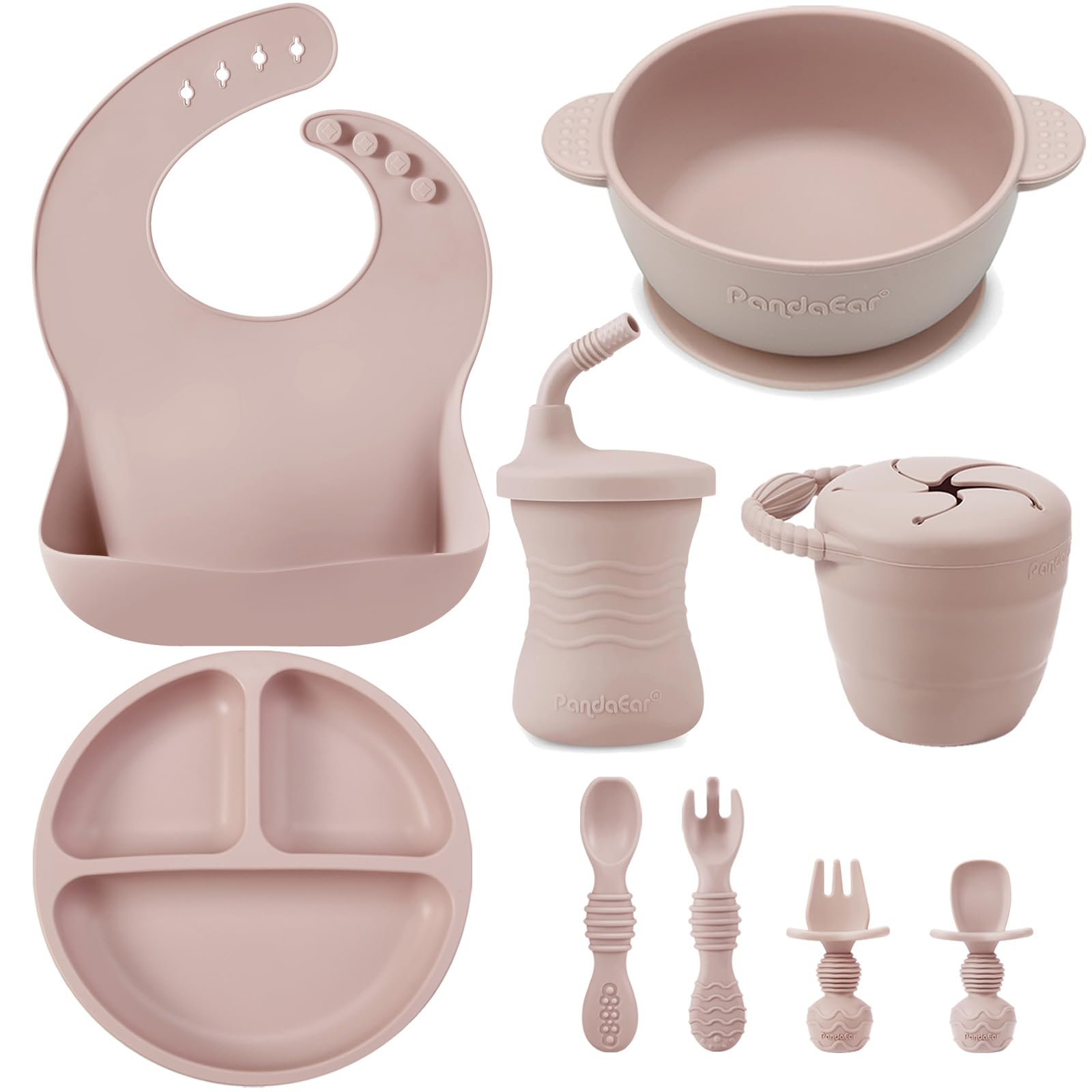 PandaEar silicone baby feeding set full kit with pink accents promotes self-feeding independence.