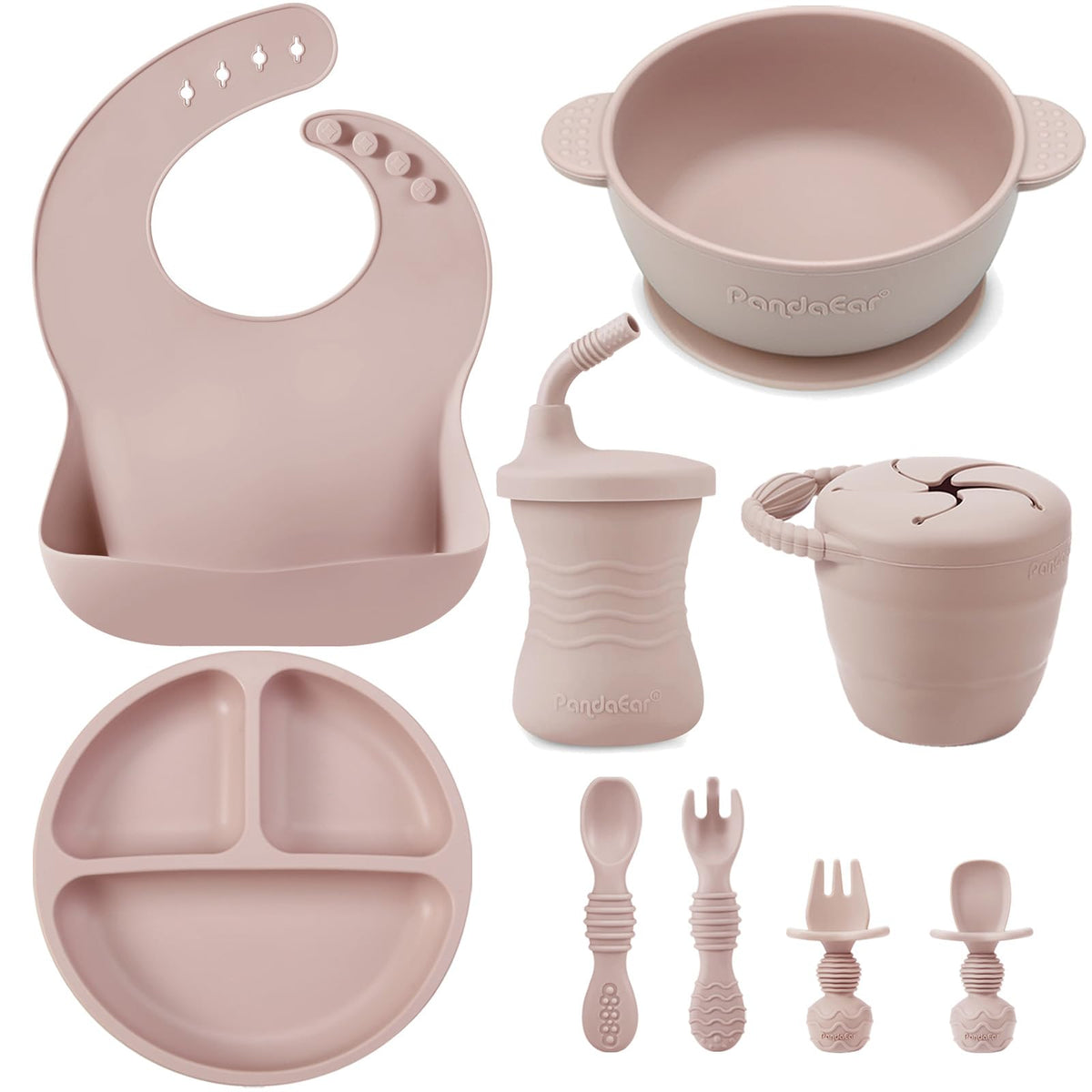 PandaEar silicone baby feeding set full kit with pink accents promotes self-feeding independence.