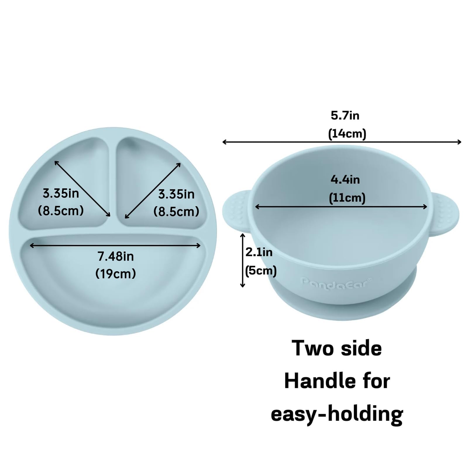 PandaEar blue divided plate for separate sections during baby-led weaning.