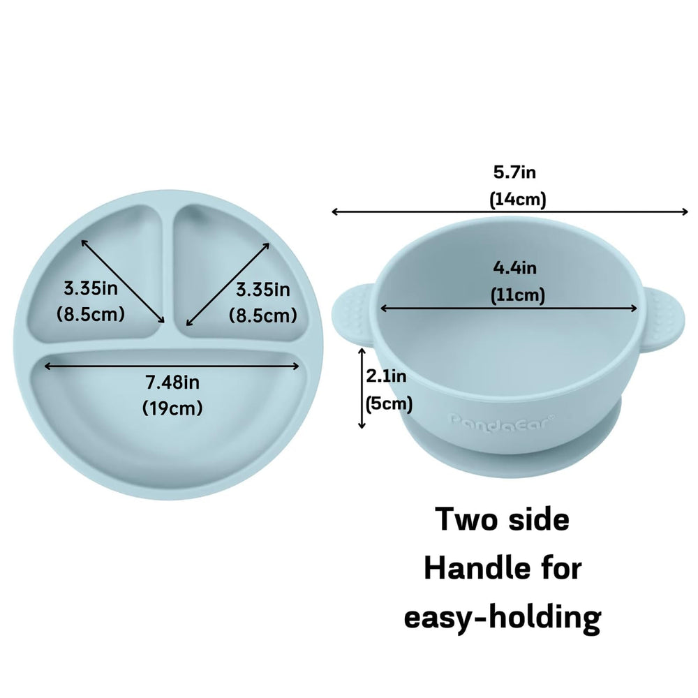 PandaEar blue divided plate for separate sections during baby-led weaning.