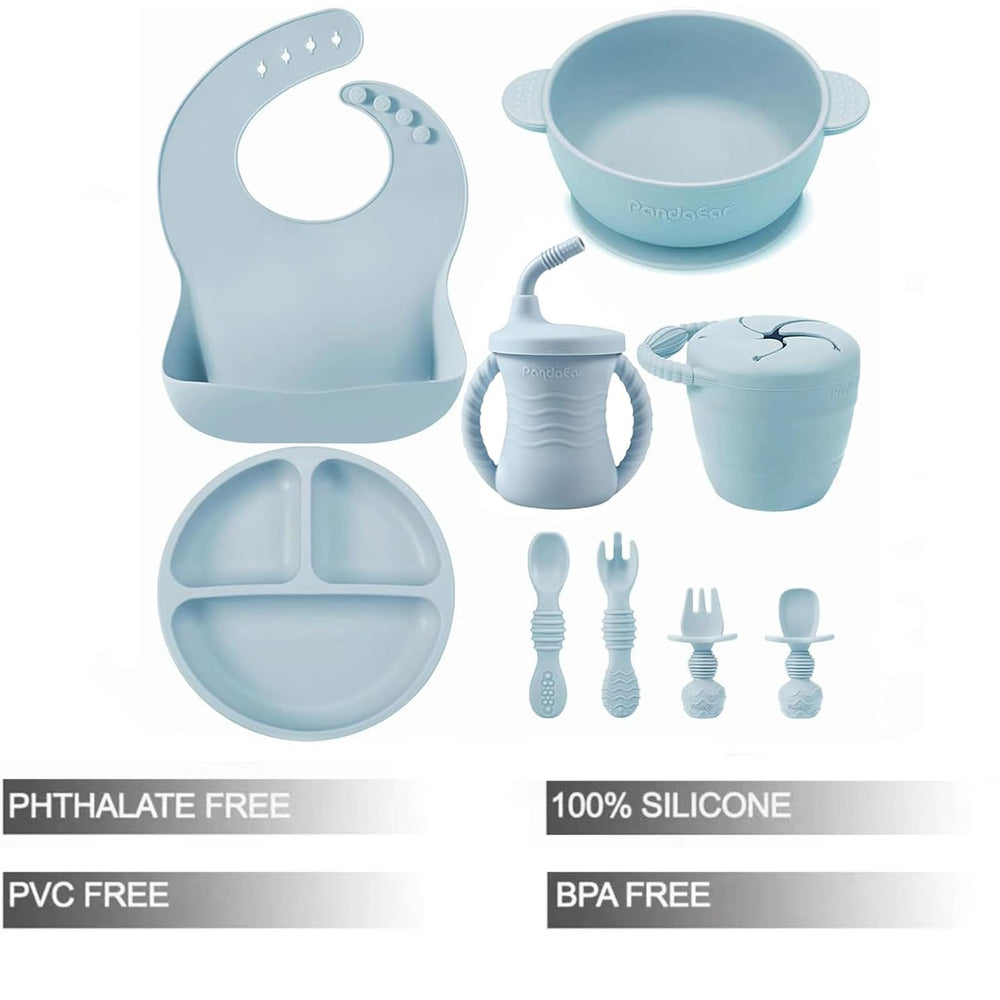 PandaEar blue suction plate keeps meals organized with compartments for varied foods.