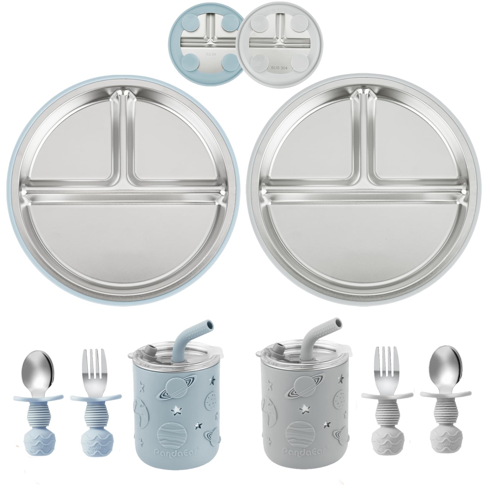 PandaEar stainless steel baby feeding set with divided plate keeps meals organized during self-feeding.