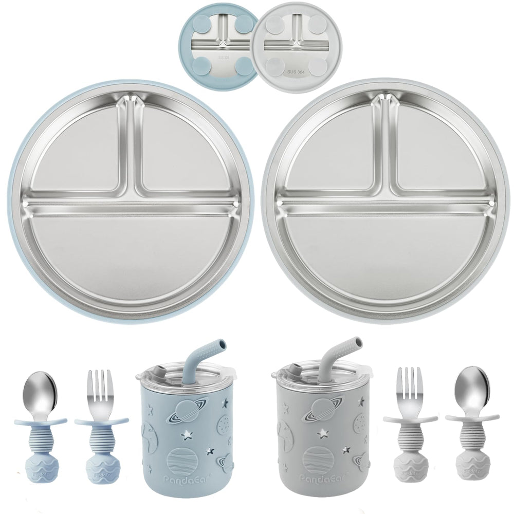 PandaEar stainless steel baby feeding set with divided plate keeps meals organized during self-feeding.