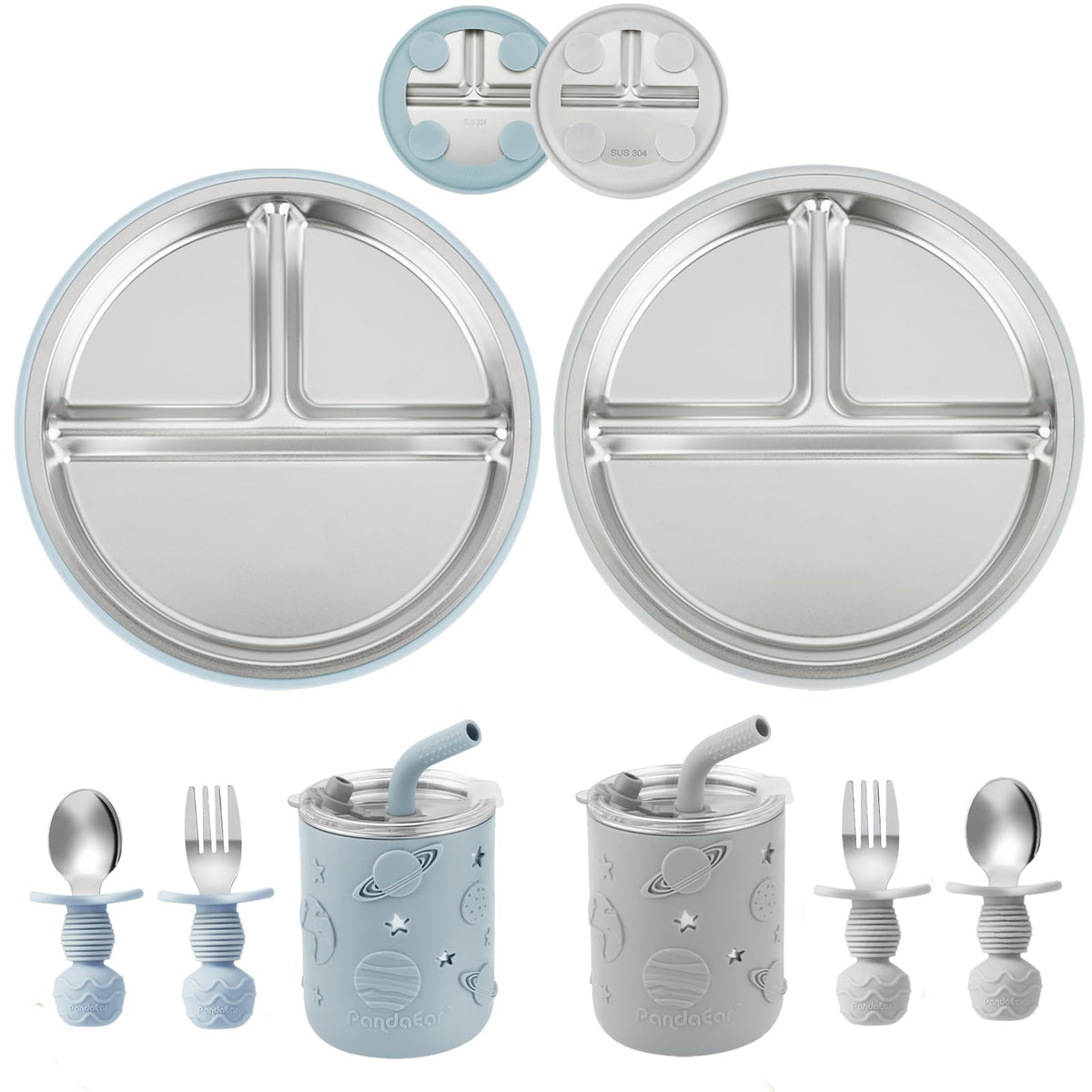 PandaEar stainless steel baby feeding set with divided plate keeps meals organized during self-feeding.