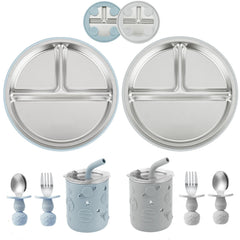 PandaEar stainless steel baby feeding set with divided plate keeps meals organized during self-feeding.