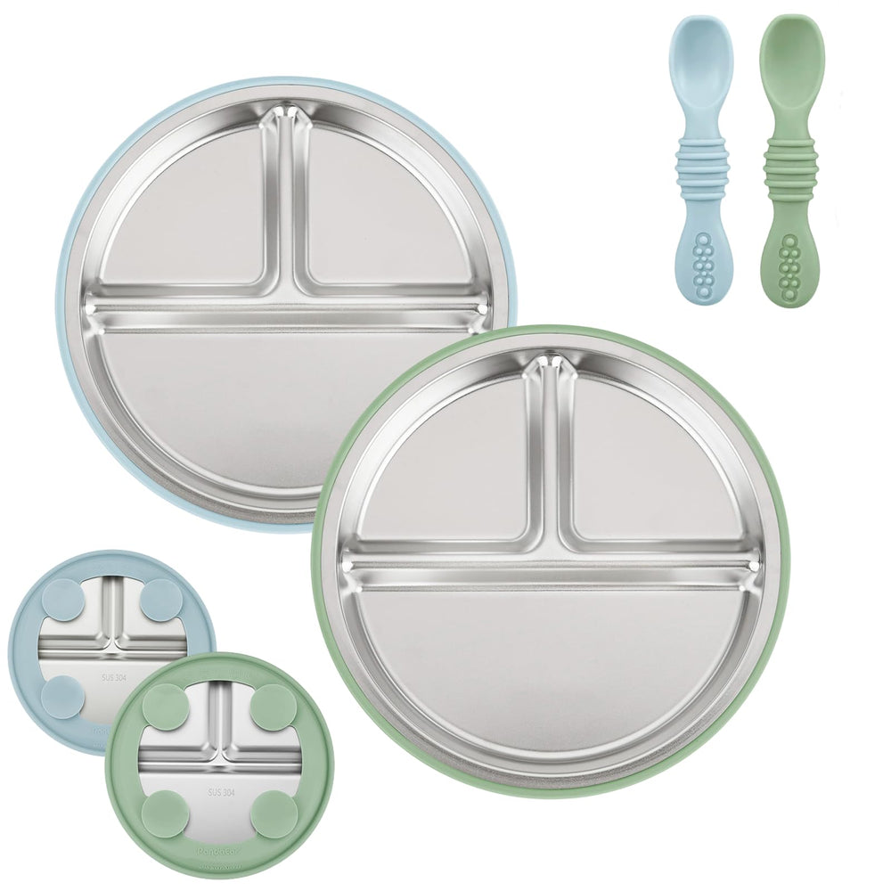 PandaEar stainless steel baby plate with suction keeps meals neat.