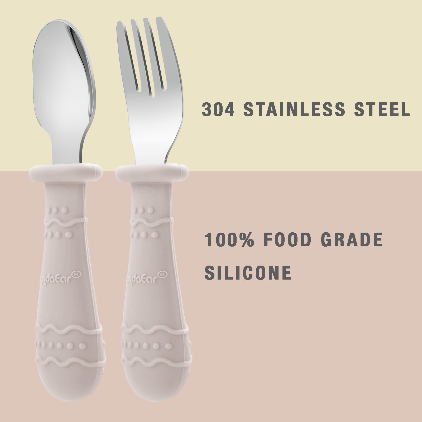 PandaEar stainless steel baby utensils closeup highlighting easy cleaning.
