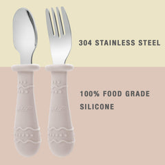 PandaEar stainless steel baby utensils closeup highlighting easy cleaning.