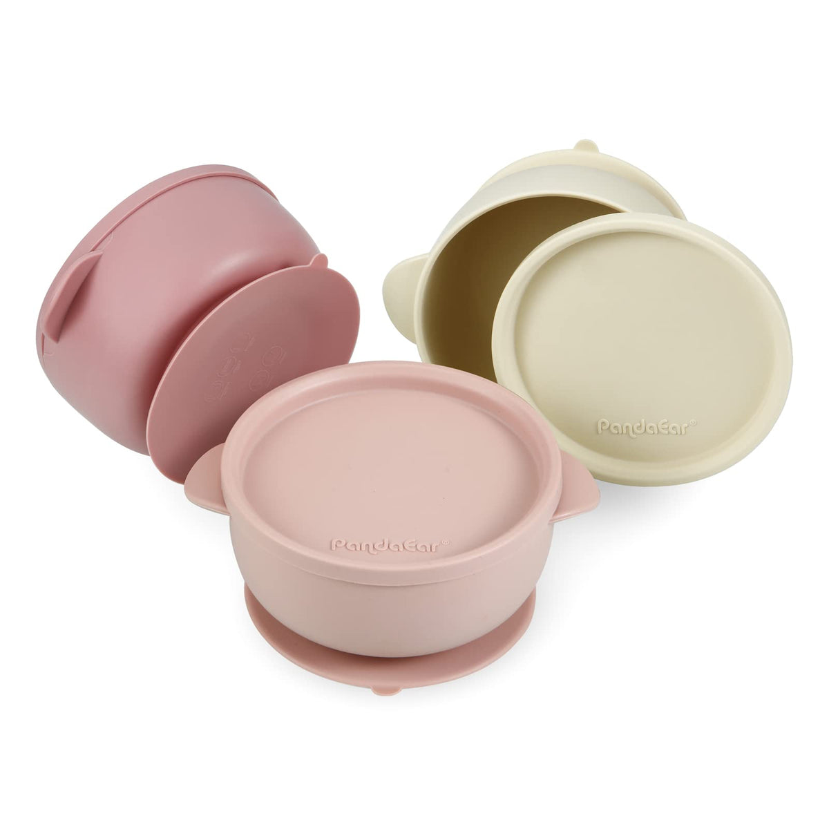PandaEar suction bowl in Pink Rose Linen securely sticks to flat surfaces for mess-free meals.