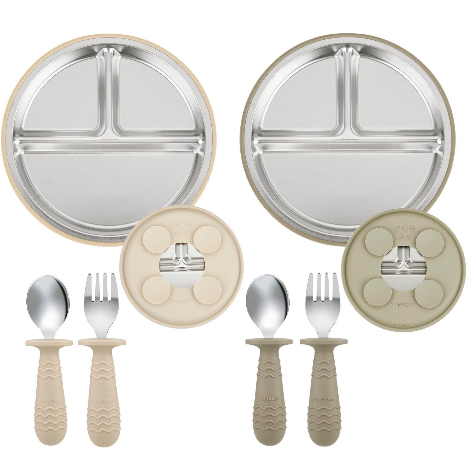 PandaEar suction plate in tan provides stable self-feeding surface for less spills.