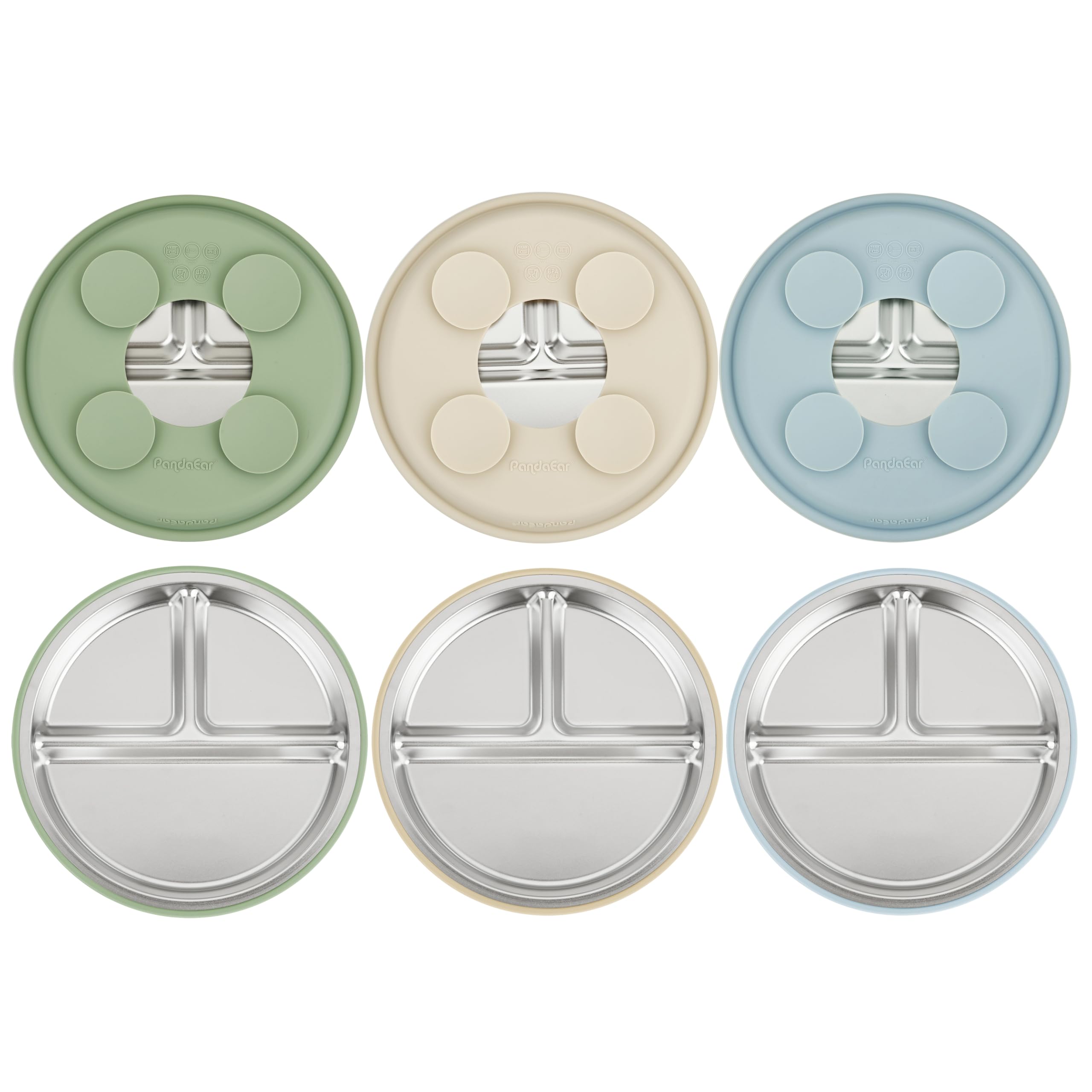 PandaEar three-pack stainless steel plates with suction keep meals tidy
