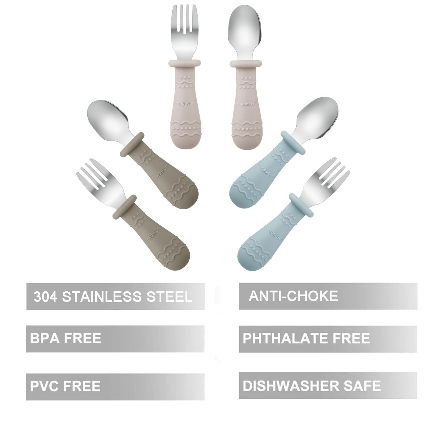 PandaEar toddler utensils forks with soft silicone handles for confident grip.