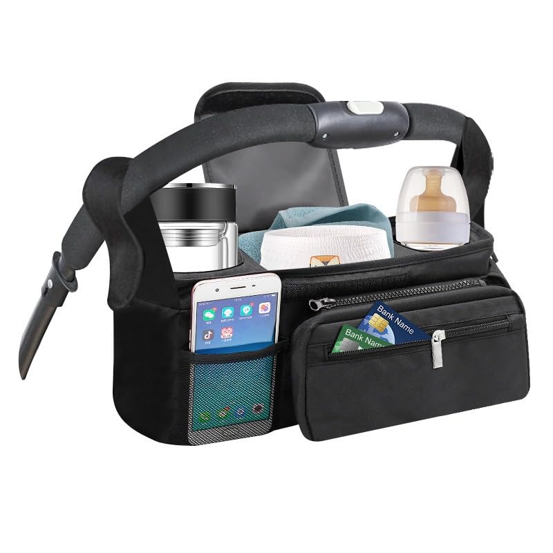 PandaEar universal stroller organizer ready for use with essentials neatly organized