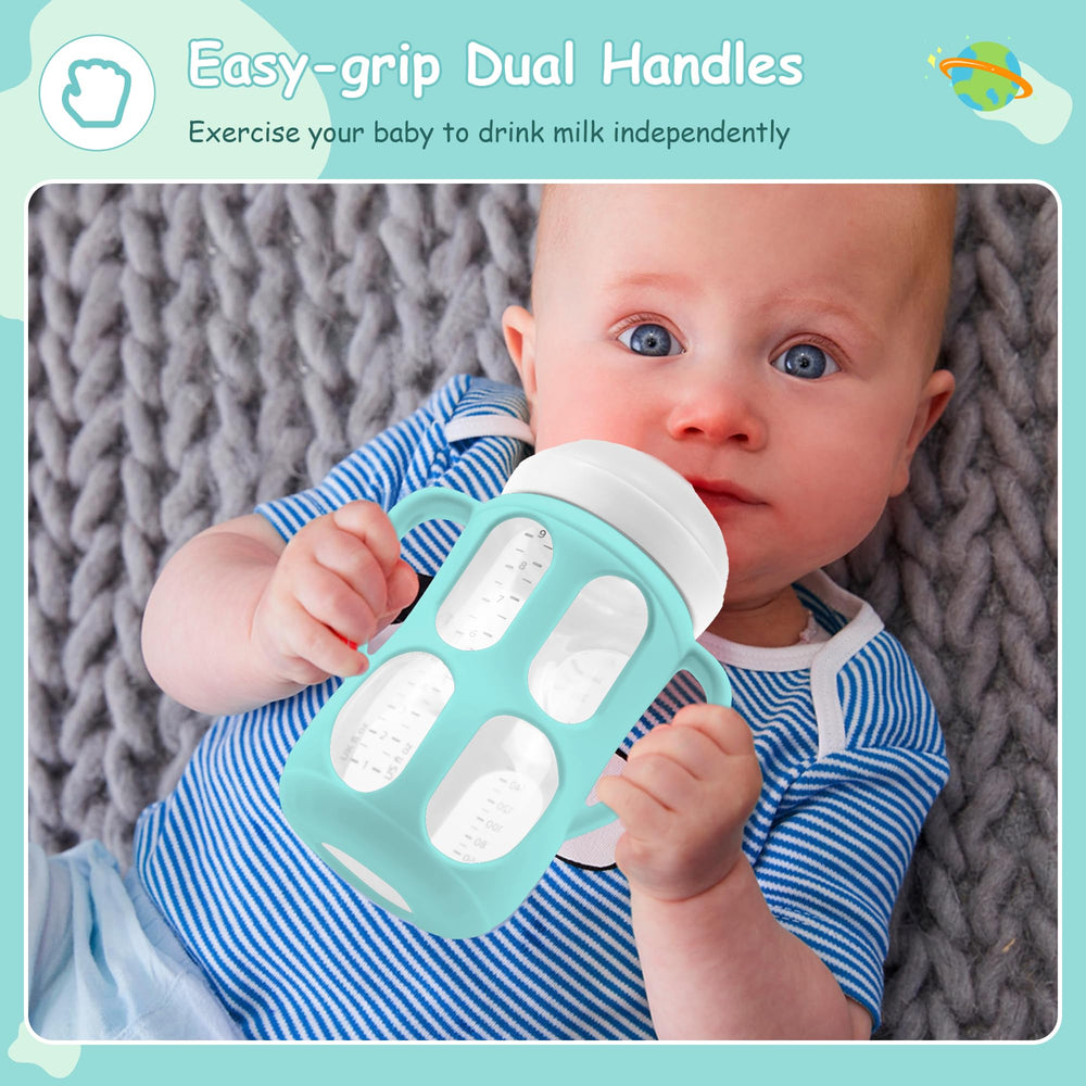 PANIMOSI sleeve on 8 oz glass Avent bottle supports stability and easy handling.