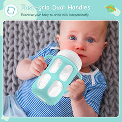 PANIMOSI sleeve on 8 oz glass Avent bottle supports stability and easy handling.