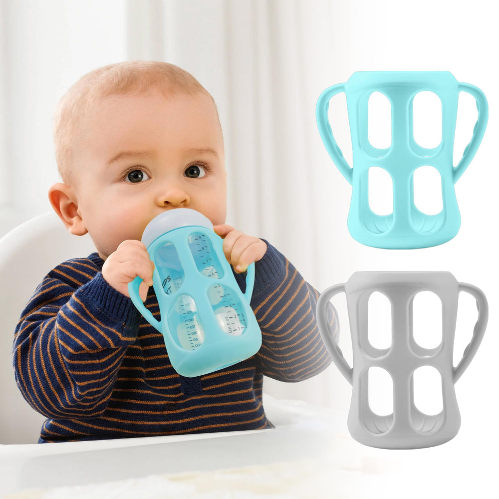 PANIMOSI silicone sleeve on 9 oz Philips AVENT bottle provides a secure grip.