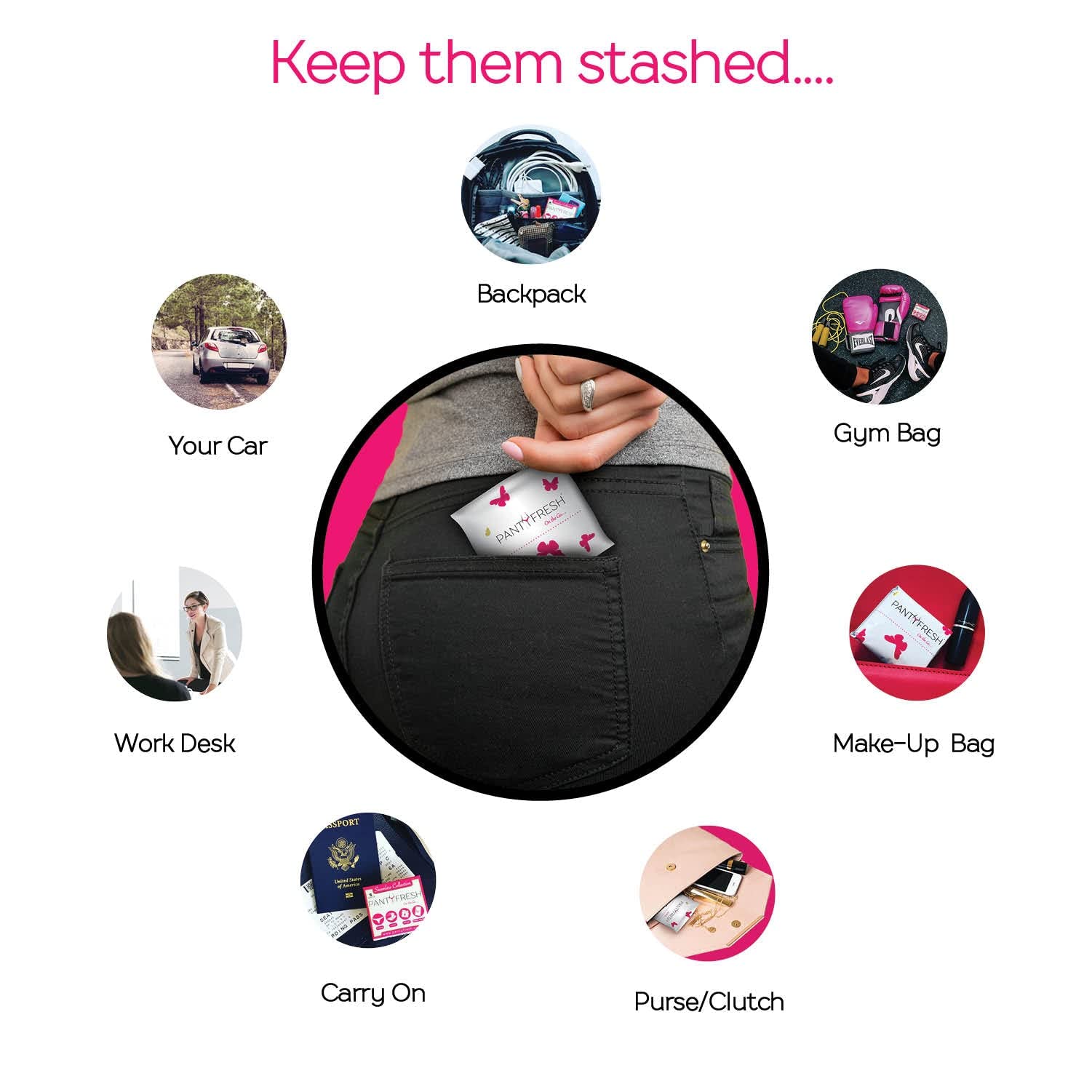 Panty Fresh to-go kit neatly fits in a purse or backpack.