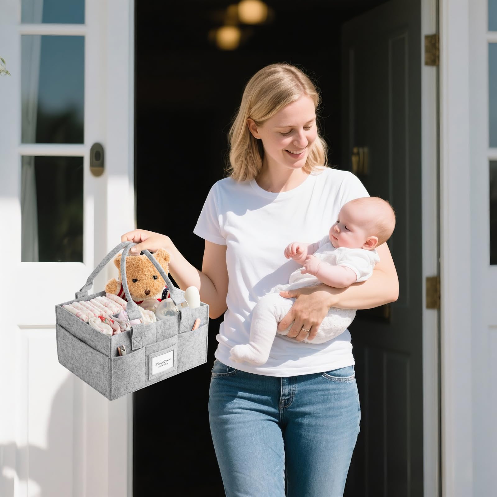 PaoveFor grey baby organizer blends with any nursery decor.
