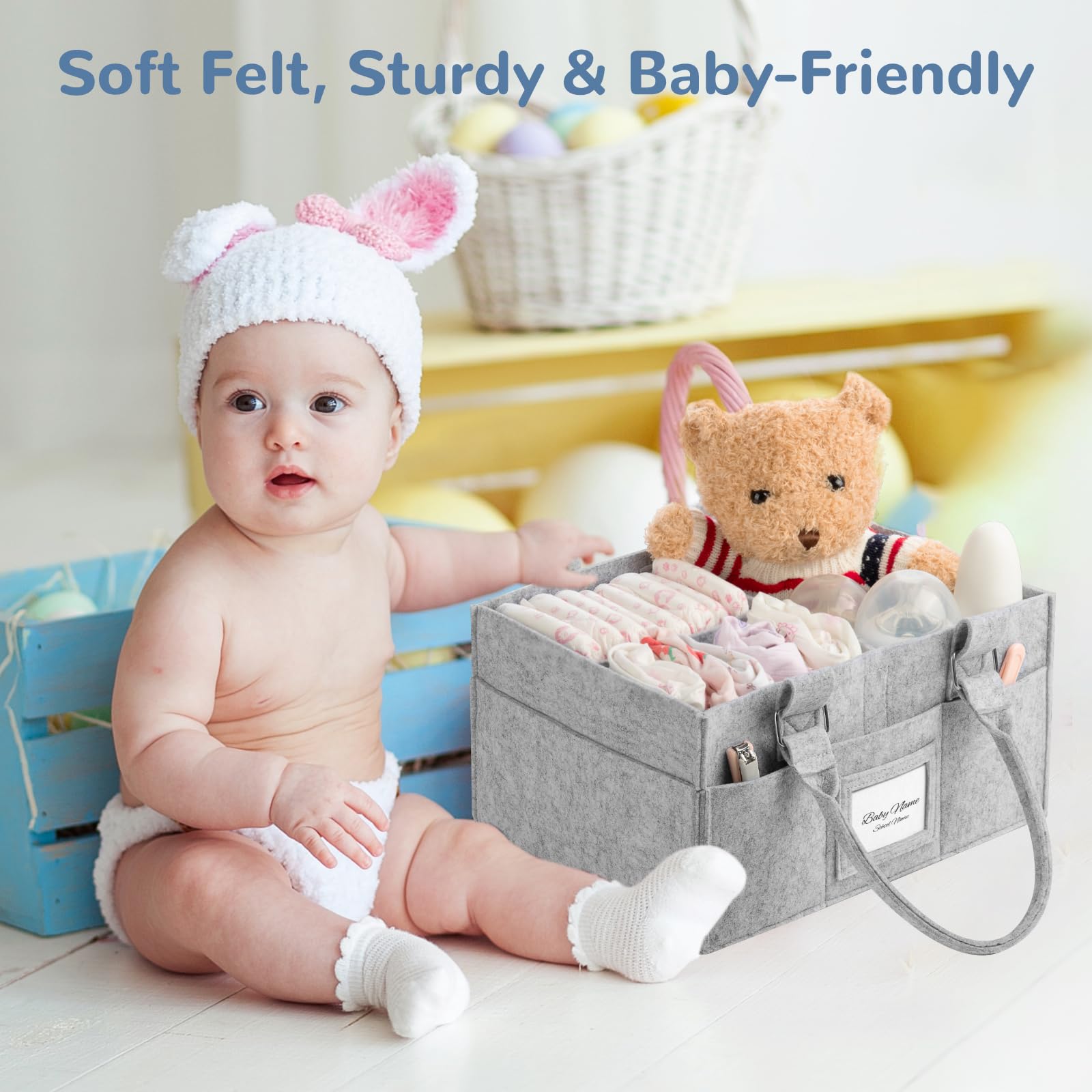 PaoveFor nursery storage bin helps tidy toys, wipes, and clothes in one place.