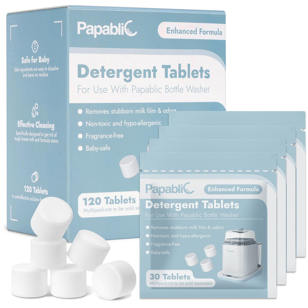 Papablic 120pcs tablets packaging ready for quick bottle cleaning.
