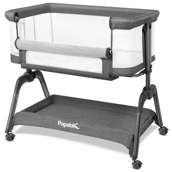 Papablic baby bassinet side view with breathable mesh for safe nighttime visibility.