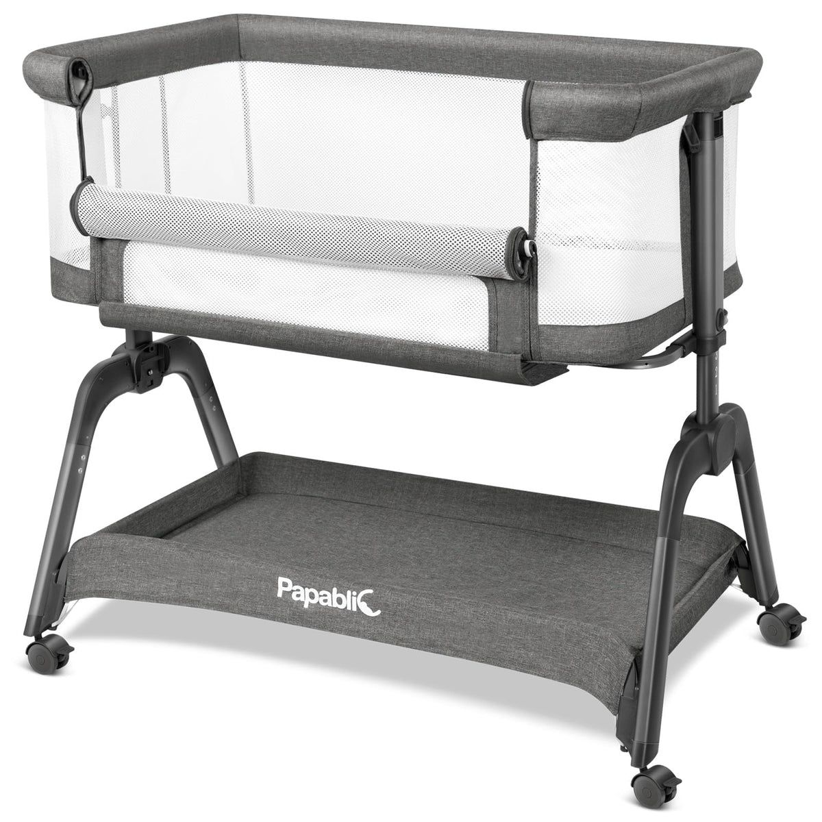 Papablic baby bassinet side view with breathable mesh for safe nighttime visibility.