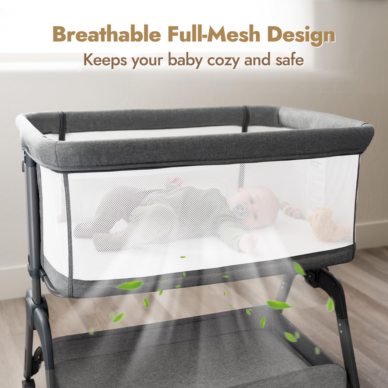 Papablic bassinet with storage basket and wheels for easy mobility.