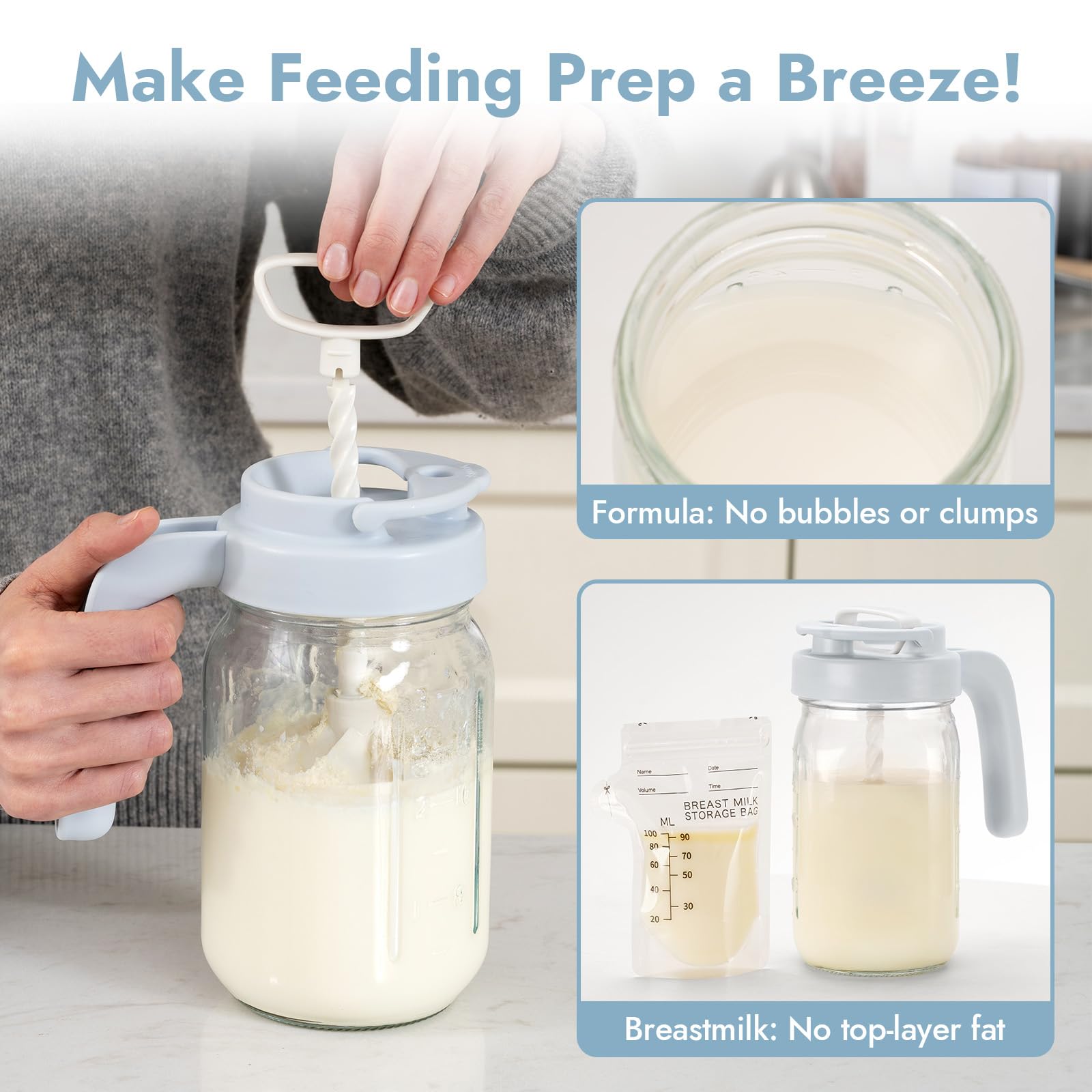 Papablic blue pitcher with lid ready for formula, breast milk, or smoothie prep.