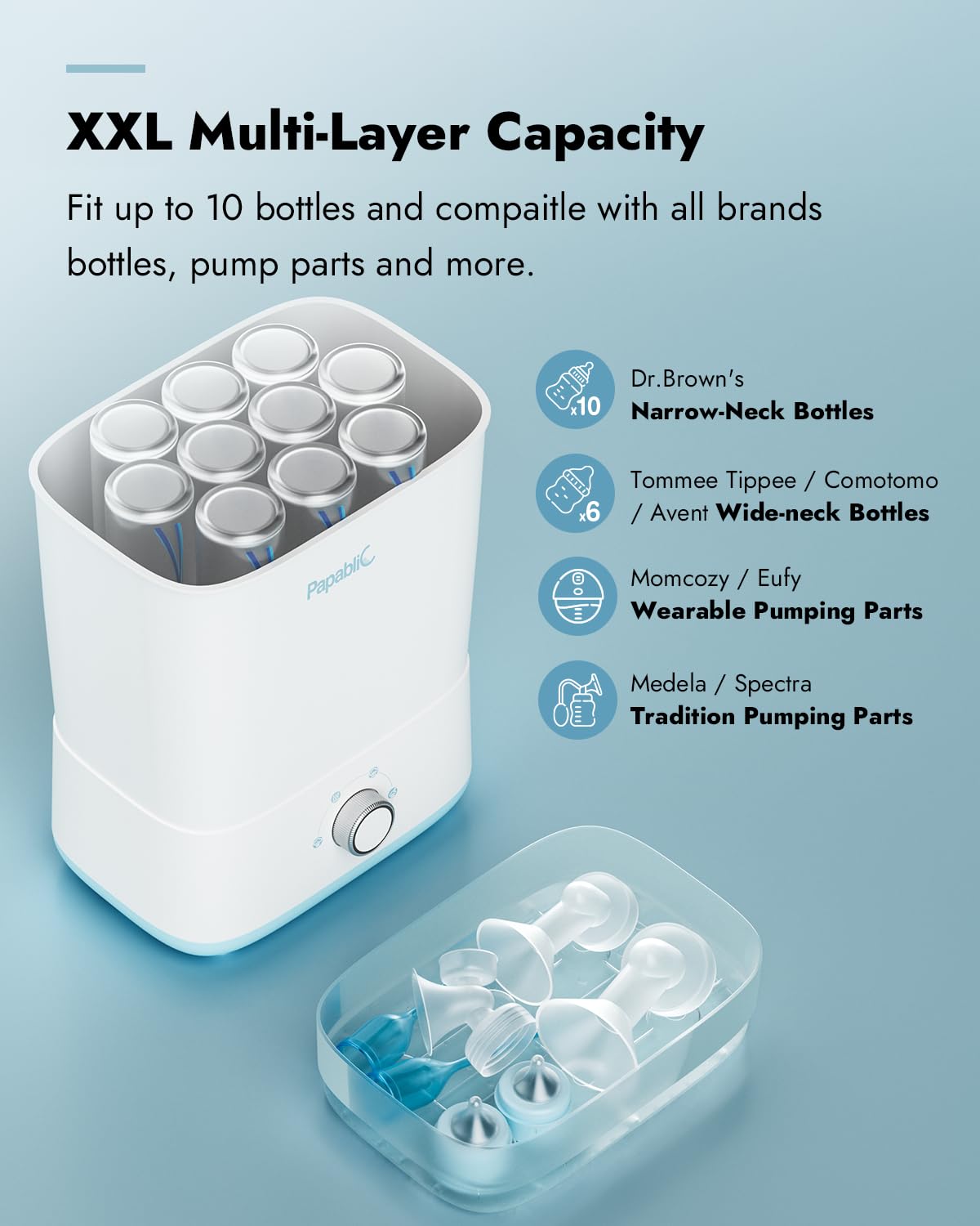 Papablic Sterilizer Pro with 10-bottle capacity ready for whole feeding set.