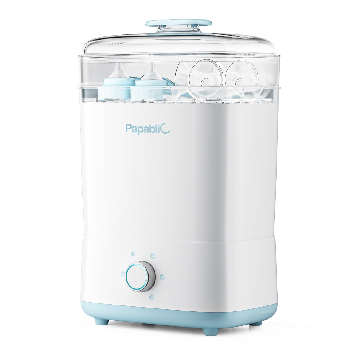 Papablic Bottle Sterilizer Pro front view showing compact large-capacity design for busy mornings.