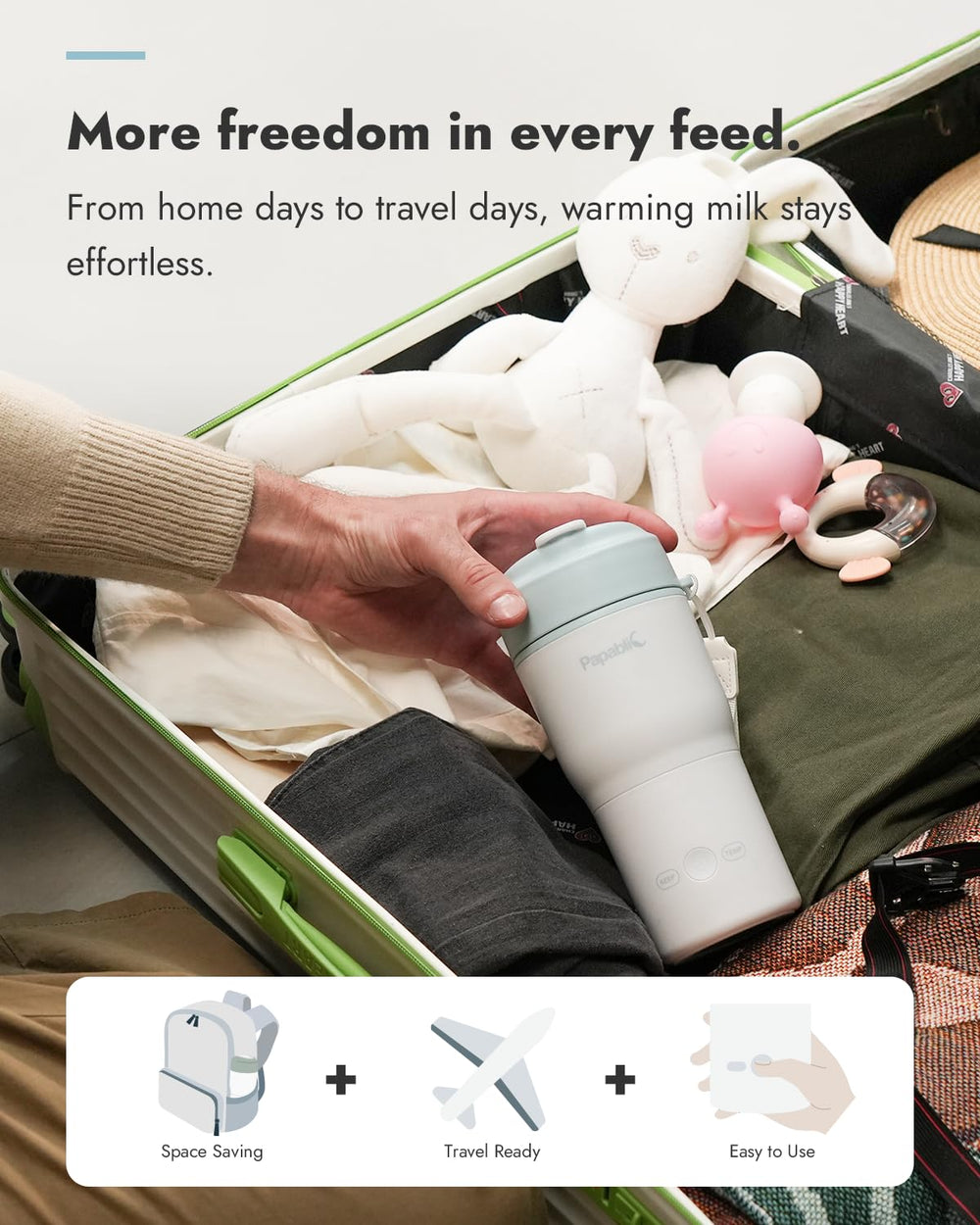 Papablic warmer with built-in sterilizer keeps pacifiers hygienic.