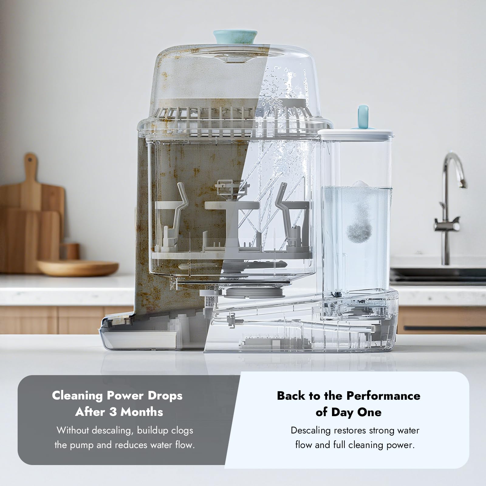 Papablic descaling tablets in a bottle washer helping remove mineral buildup