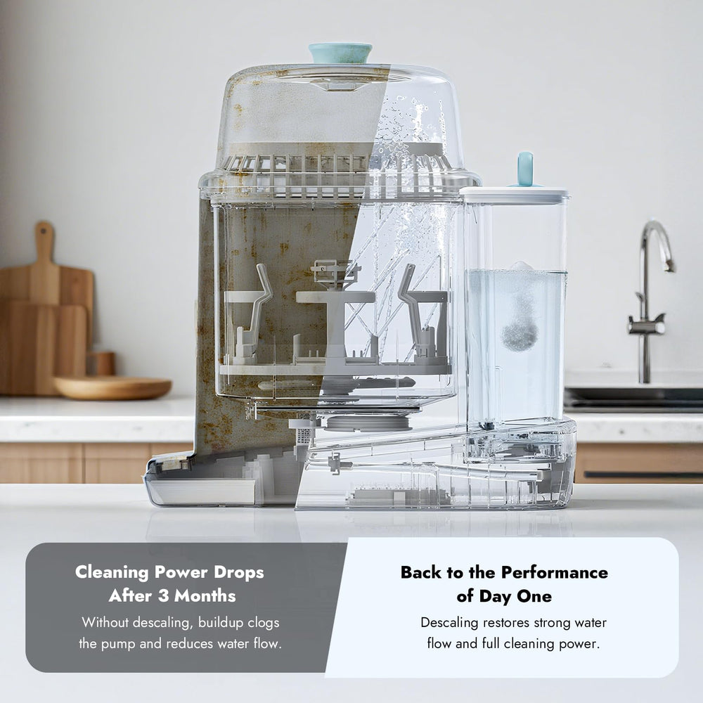 Papablic descaling tablets in a bottle washer helping remove mineral buildup