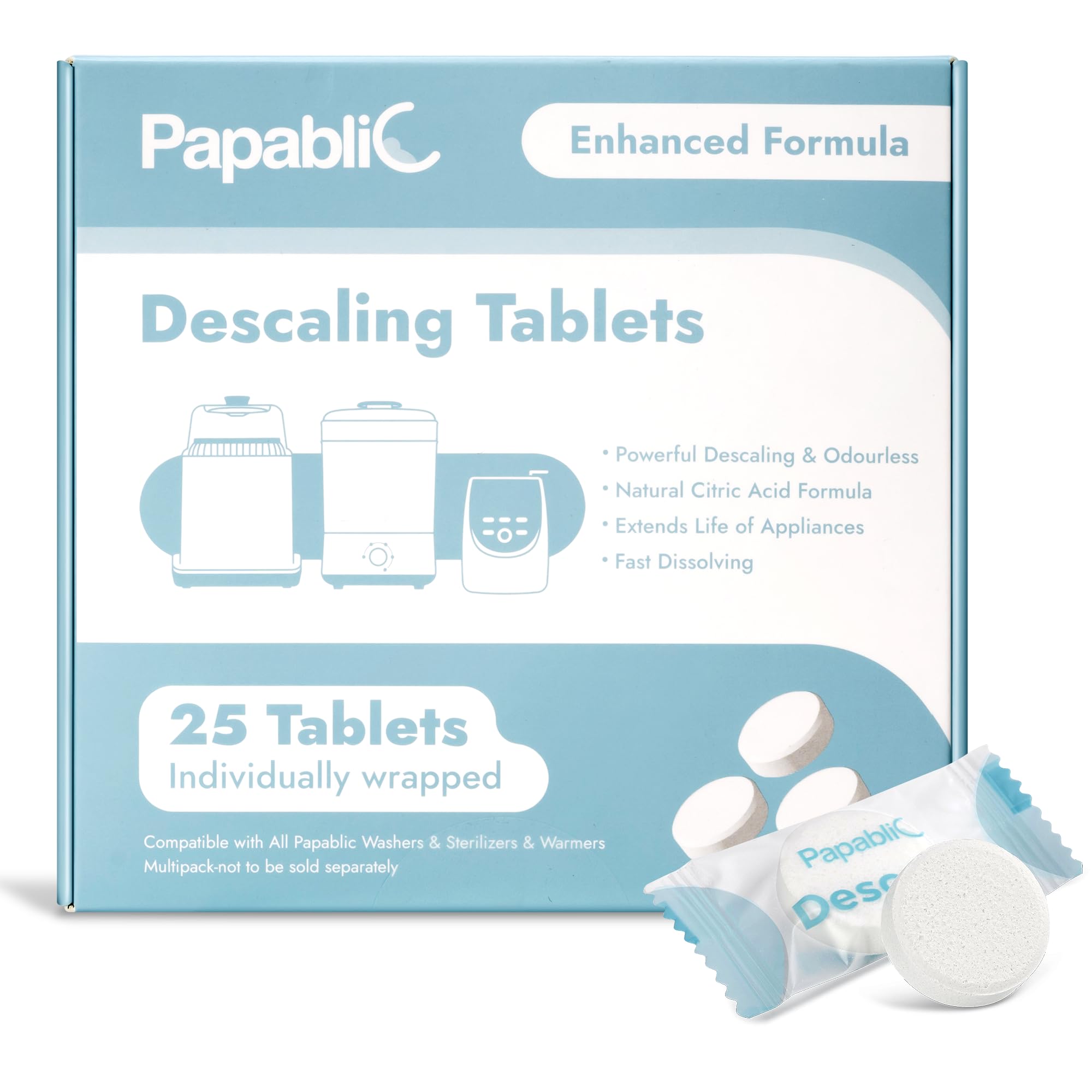 Papablic descaling tablets packaging ready for storage and use to support cleaning routines