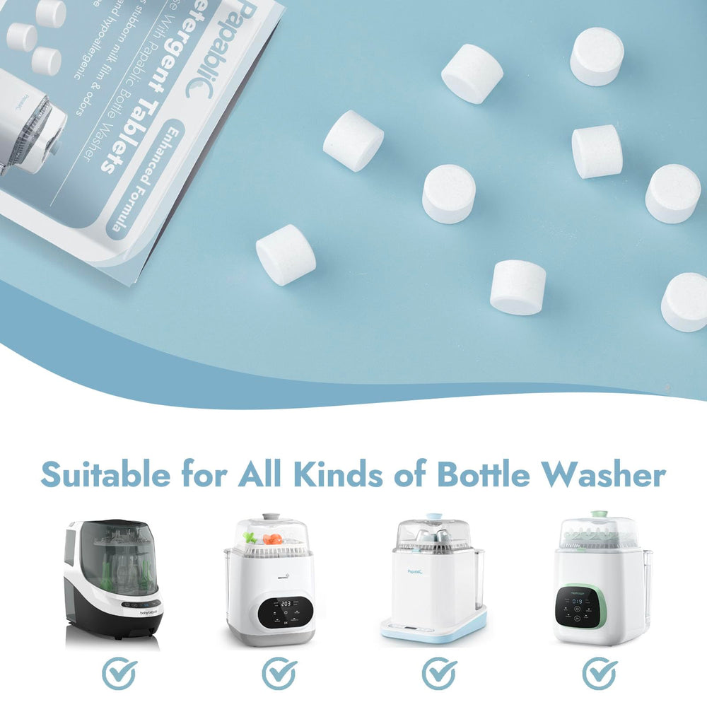 Papablic detergent tablet beside bottle washer, ready for universal compatibility.