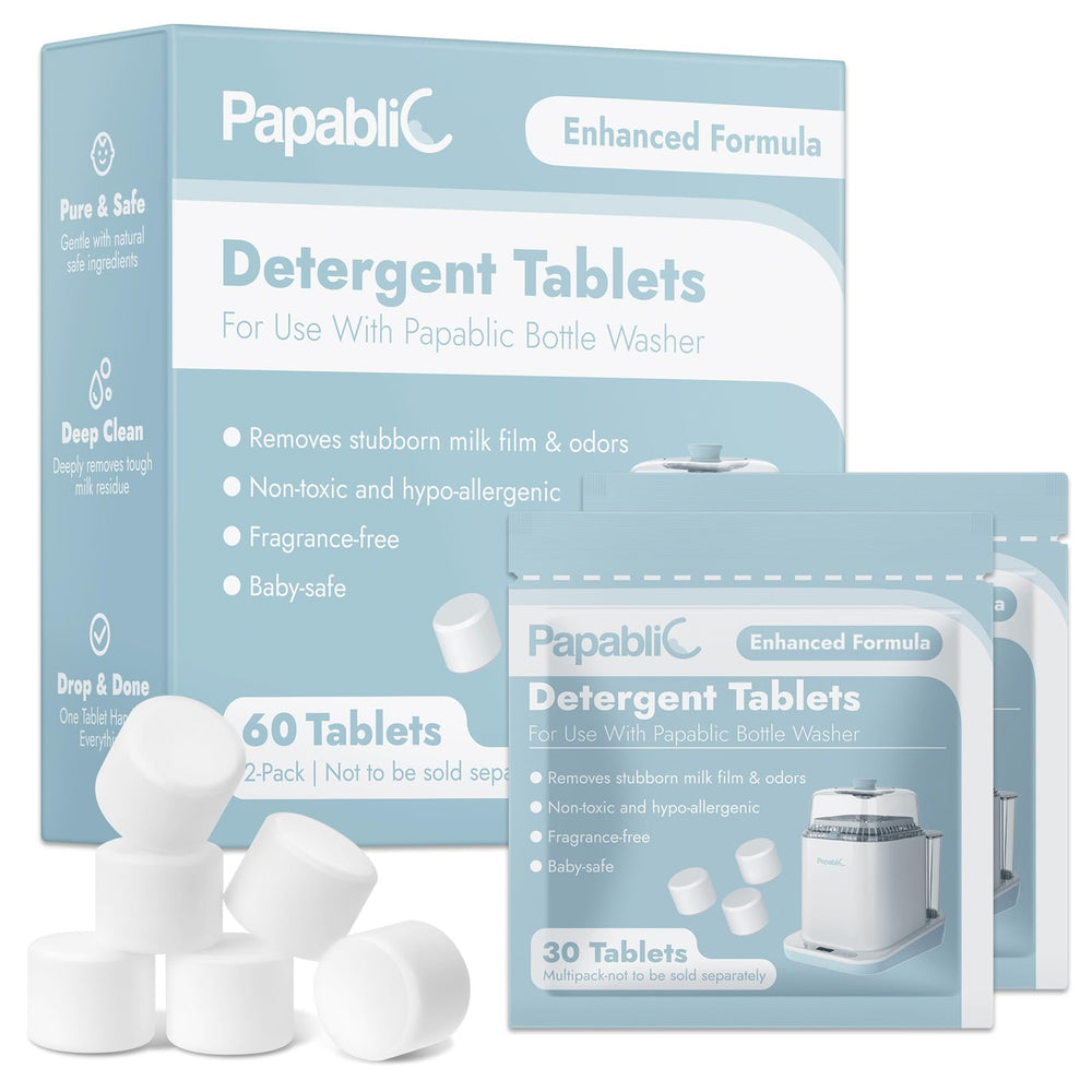 Papablic detergent tablet pack front, compact packaging for quick home bottle cleaning.
