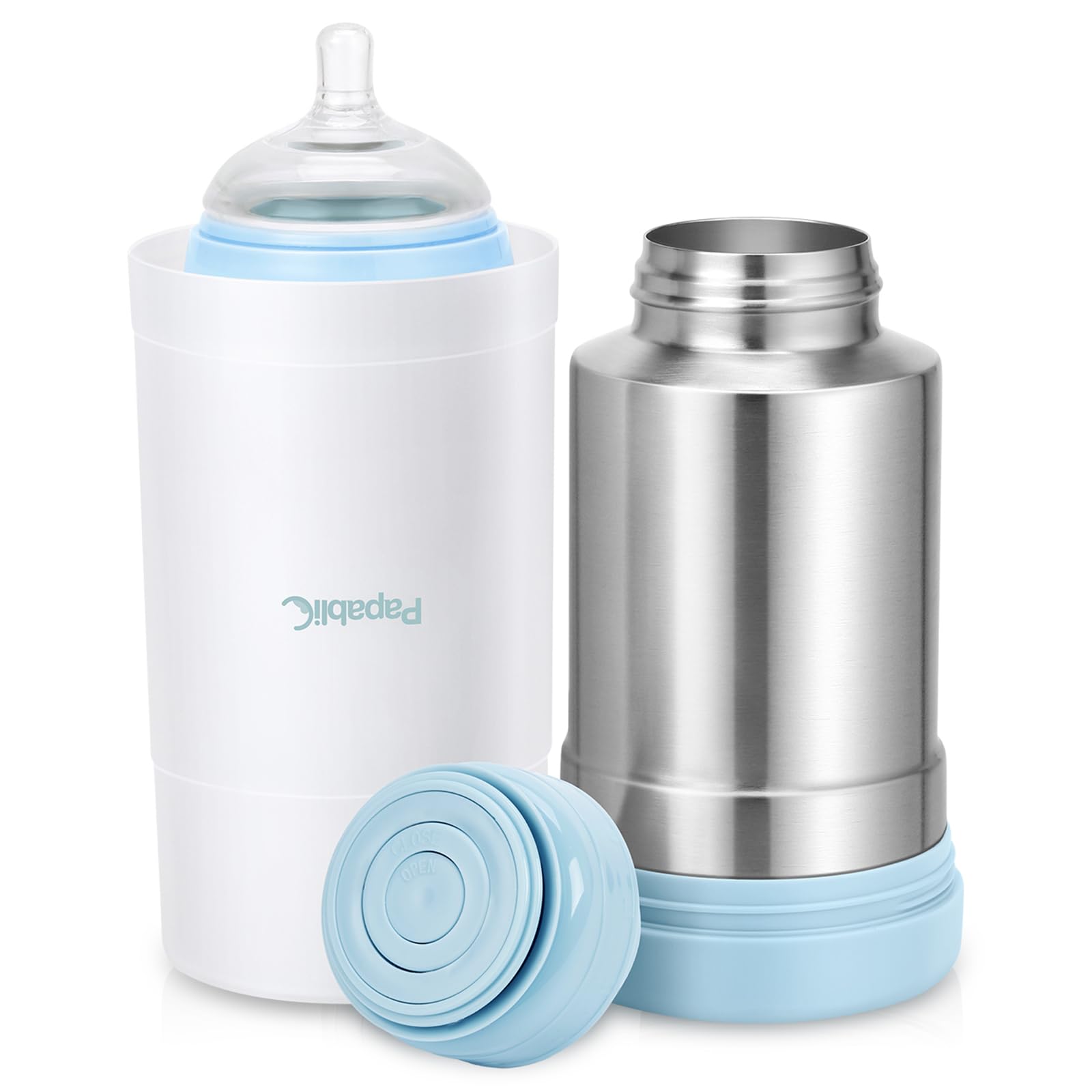 Papablic portable bottle warmer showing its 18oz capacity for on-the-go feeds