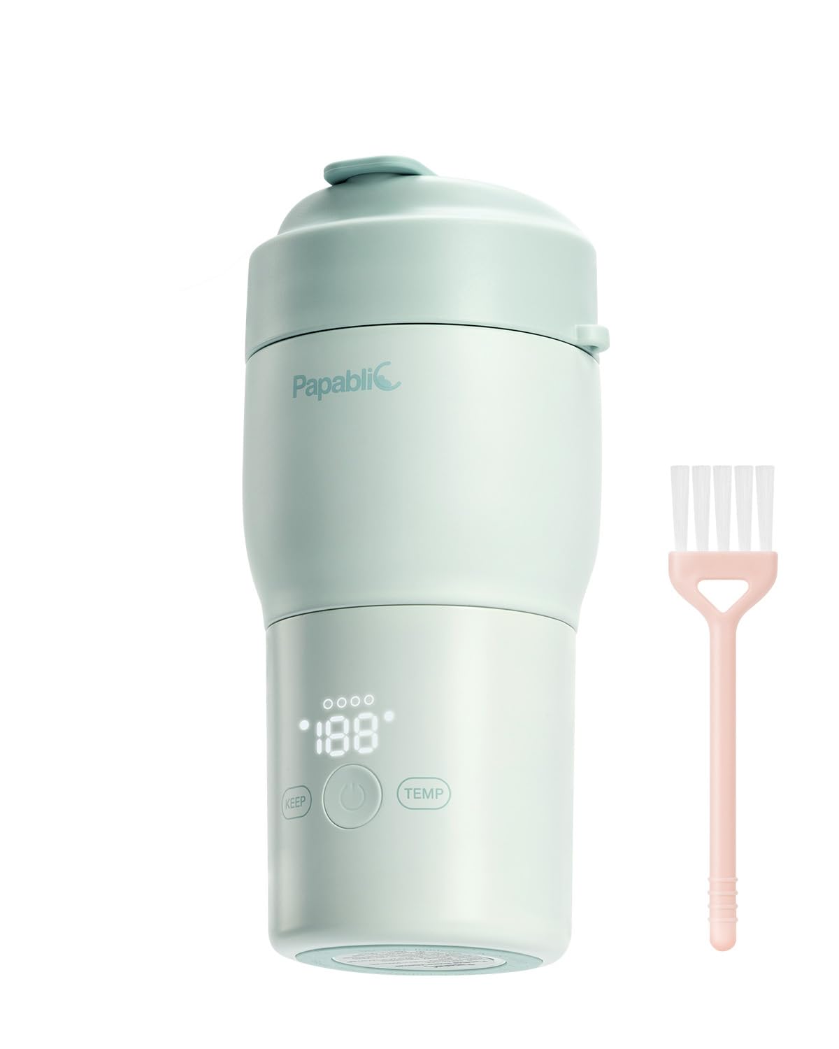 Papablic portable bottle warmer in green with pink bottle cap brush for on-the-go feeding.