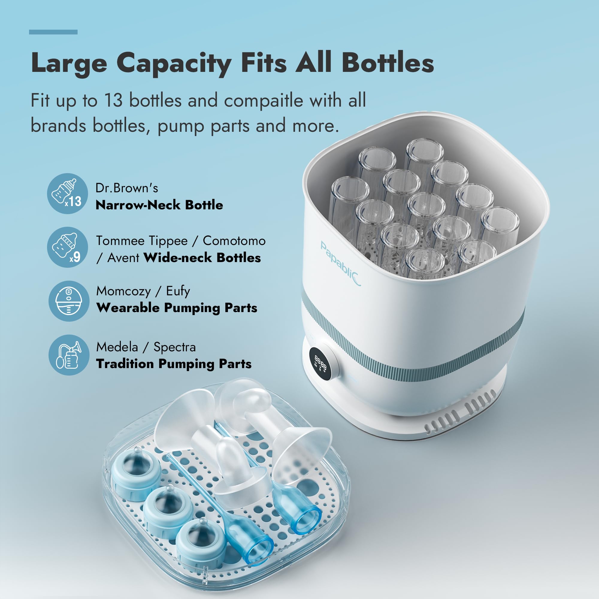 Papablic Pro Max steam and dry technology ensures thorough sterilization.