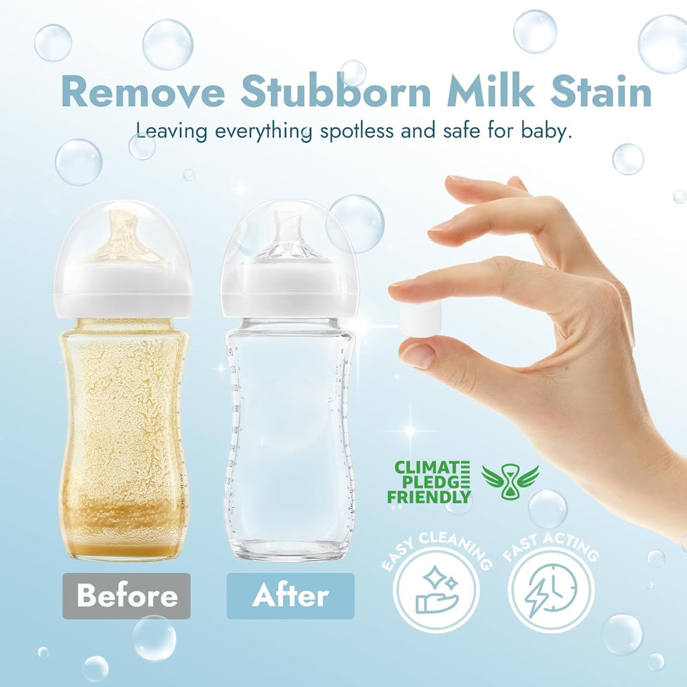 Papablic tablets dissolving in water for easy bottle cleaning.