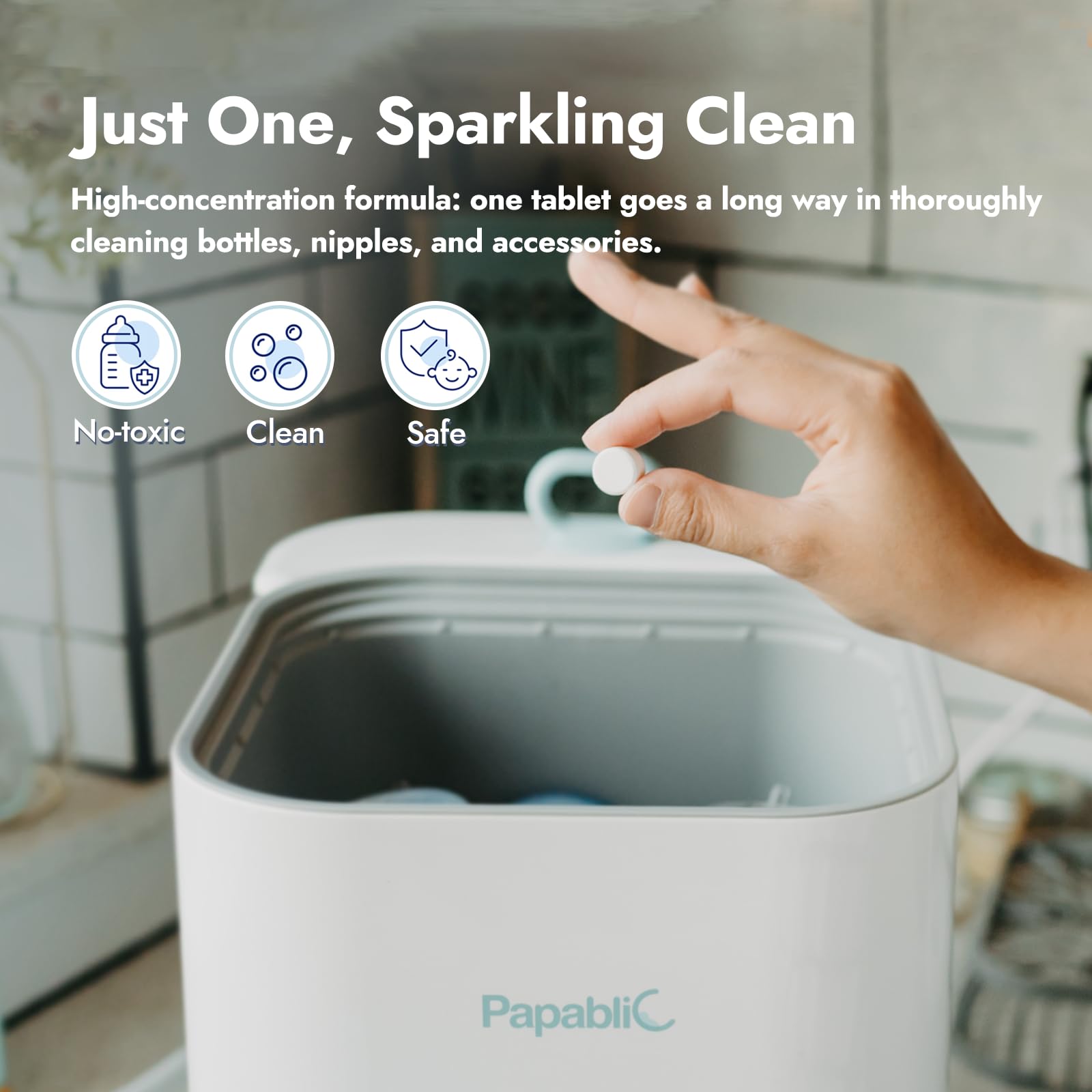 Papablic tablets shown with universal compatibility for bottle washers.
