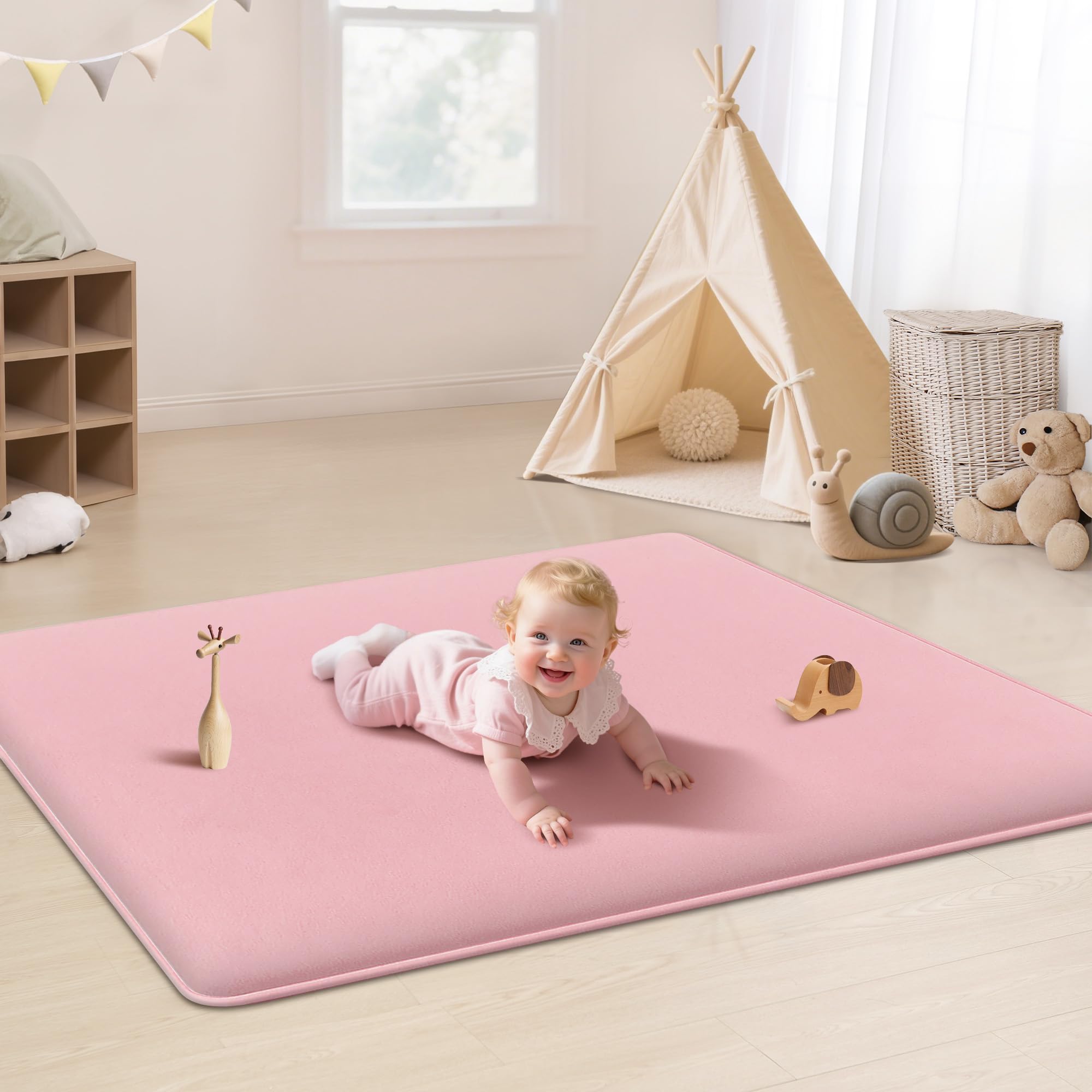 PapaMama 13-inch thick baby play mat with pink surface for cushioned tummy time.