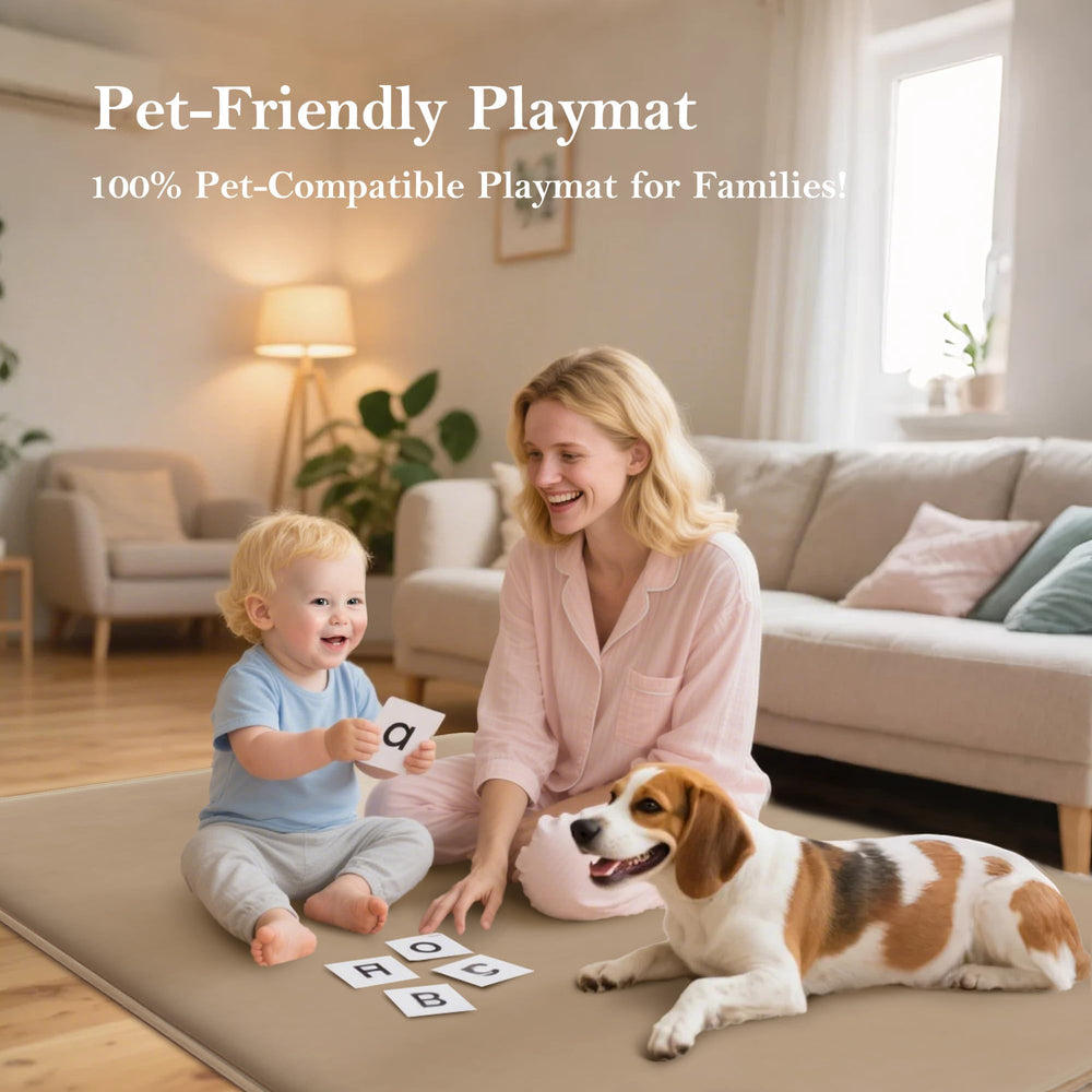 PapaMama beige nursery rug blends with decor while supporting play.
