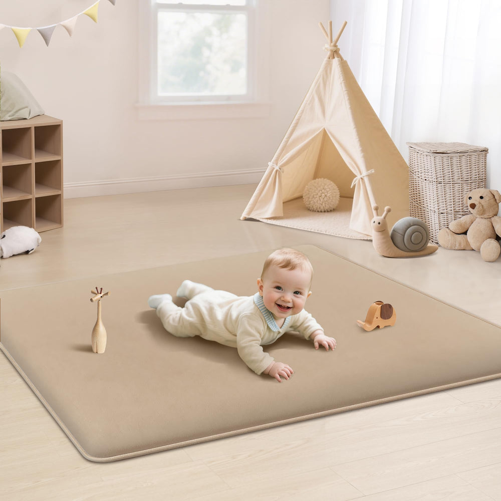 PapaMama thick plush crawling mat in beige offers a cushioned tummy-time surface.