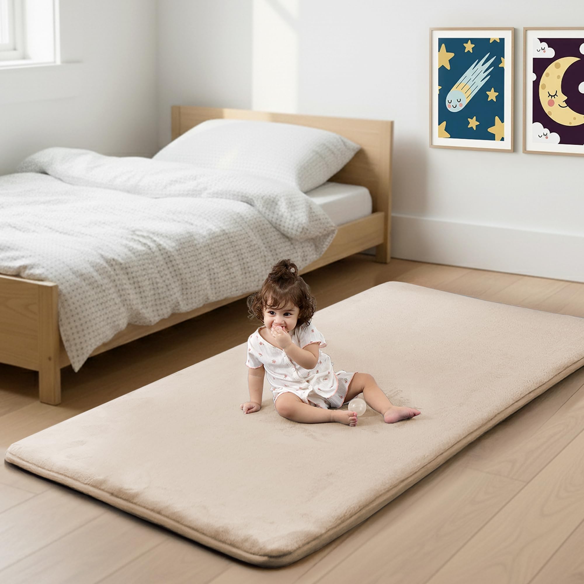 PaPaMat 1-3 inch thick beige baby bedside floor mat, cushioned for comfy play.