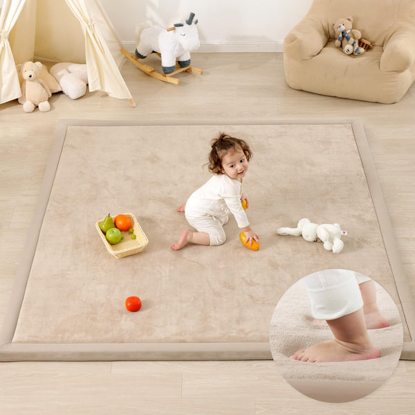 PaPaMat 1-3 inch thick play mat on floor offers cushioned support for crawling.
