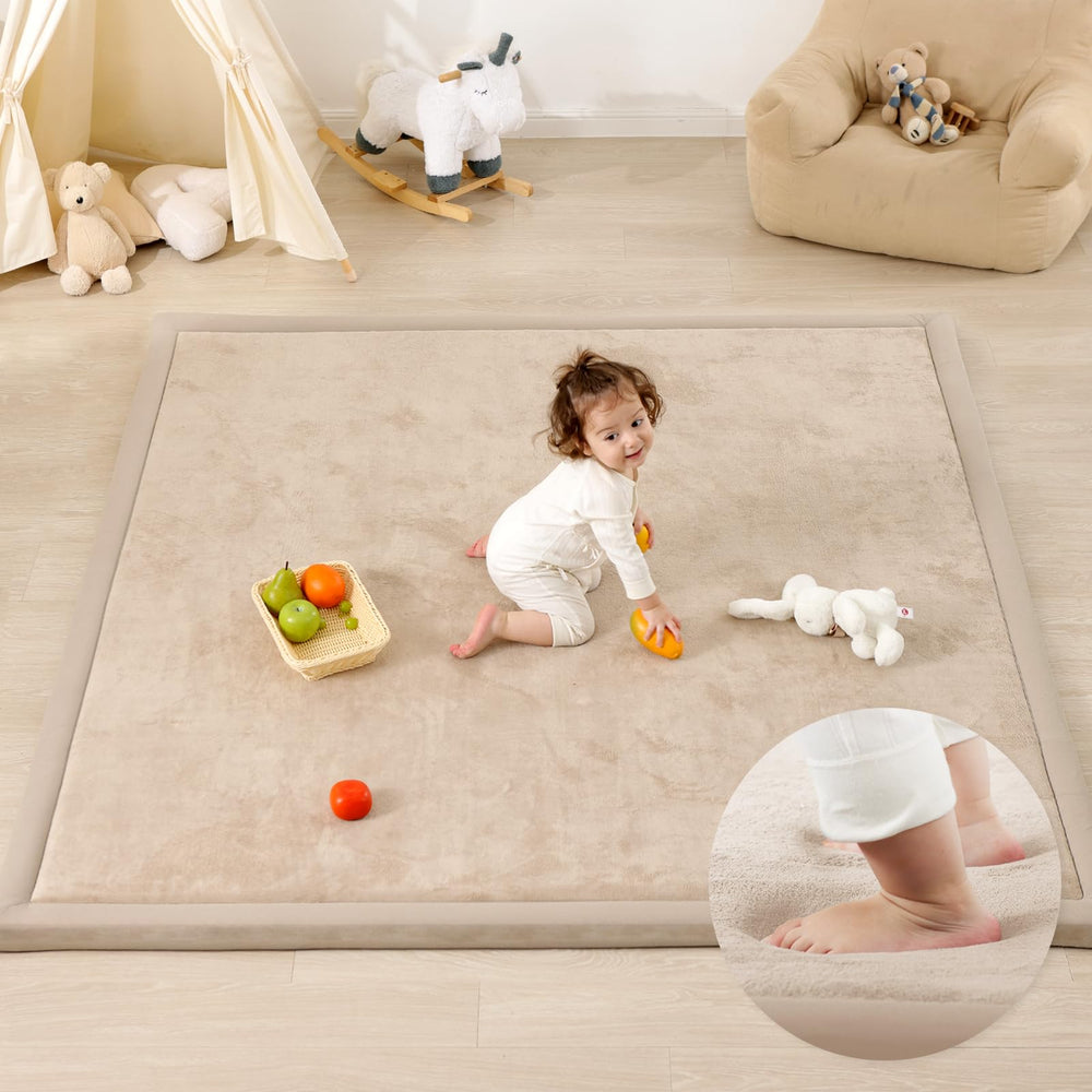 PaPaMat 1-3 inch thick play mat on floor offers cushioned support for crawling.
