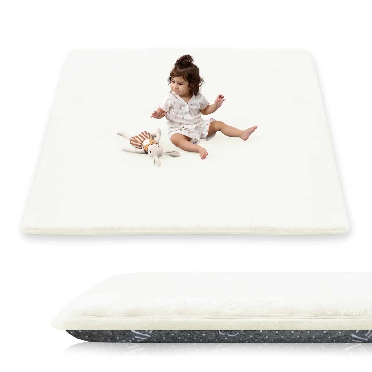PaPaMat 1.5-inch thick cream play mat close-up showing plush cushioning for tummy time and crawls