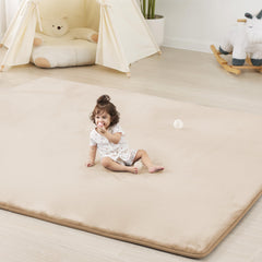 PaPaMat 13-inch thick play mat with beige color cushions babies during tummy time.